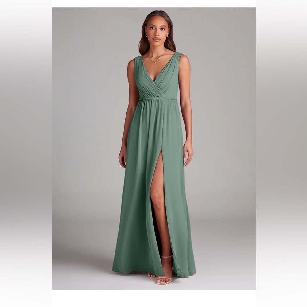 Azazie Eucalyptus Green Soft Mesh Tanicia V-Neck Maxi Dress with Front Slit